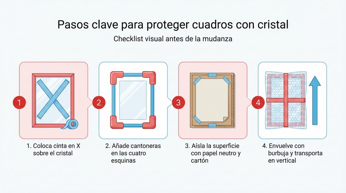 Diagrama en forma de checklist con los pasos esenciales para proteger cuadros con cristal en una mudanza