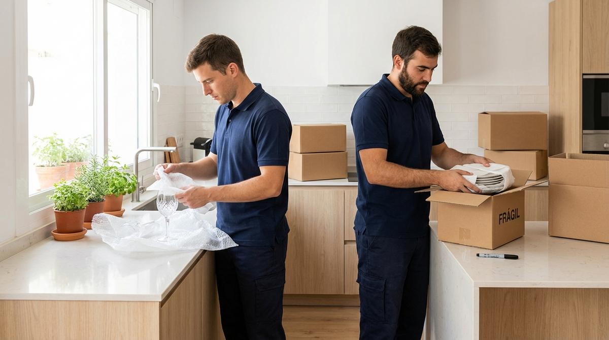Equipo profesional de mudanzas embalando vajilla y copas de cristal en una cocina luminosa