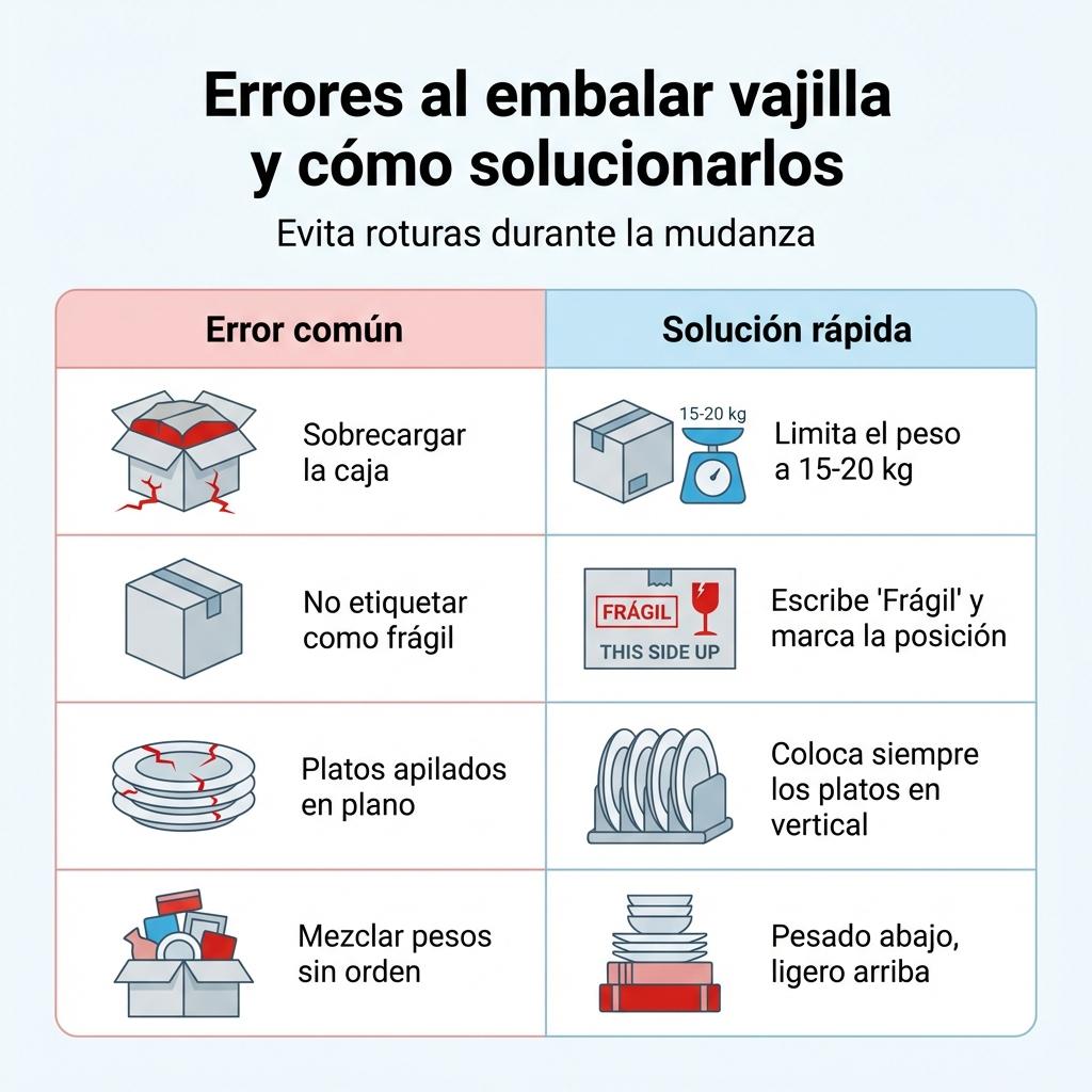 Infografía con errores frecuentes al embalar vajilla y sus soluciones rápidas