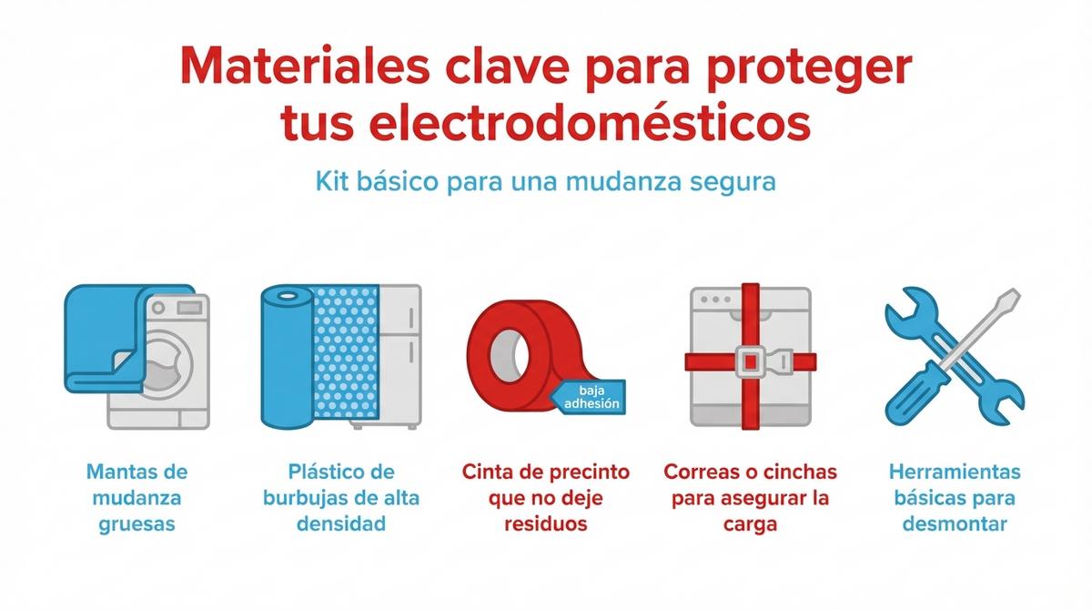 Infografía con los materiales básicos necesarios para proteger electrodomésticos en una mudanza.