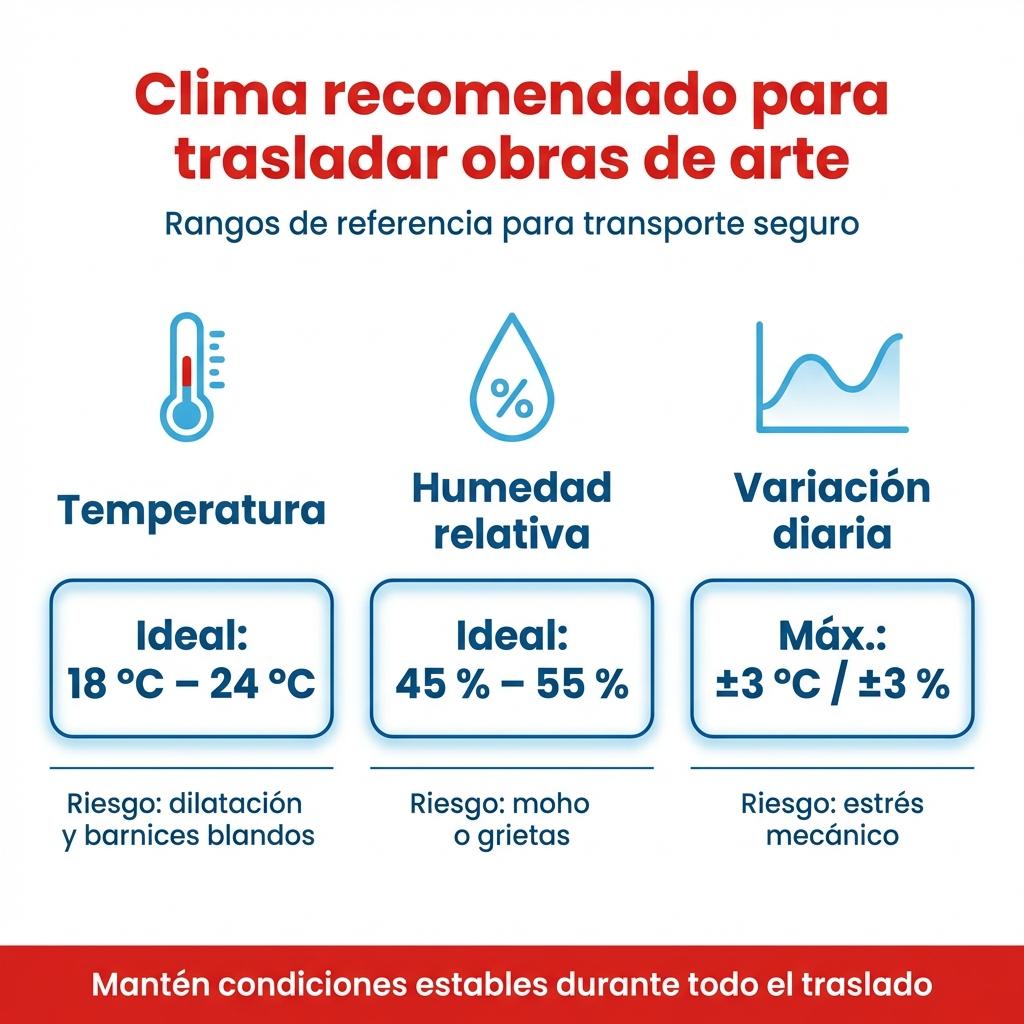 Infografía con los rangos de temperatura, humedad y variación diaria recomendados para transportar obras de arte