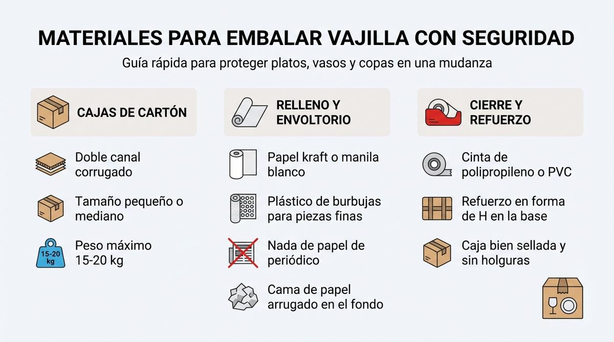 Infografía con materiales básicos para embalar vajilla y cristalería en una mudanza