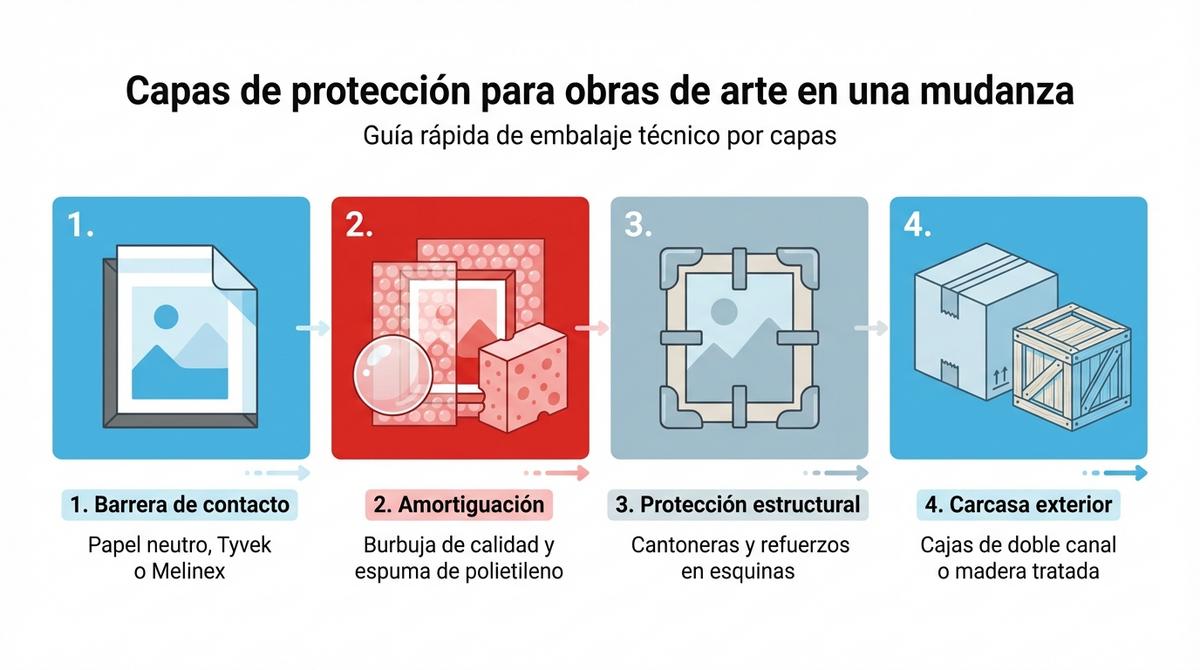 Infografía que muestra las cuatro capas de protección para embalar obras de arte en una mudanza