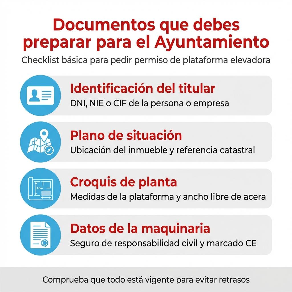 Infografía tipo checklist con la documentación básica para pedir permiso de plataforma elevadora en Sevilla.