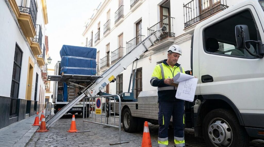 Operario De Mudanzas Revisando Documentos Junto A Una Plataforma Elevadora Instalada En Una Calle Estrecha De Sevilla Con Senalizacion En La Via Publica