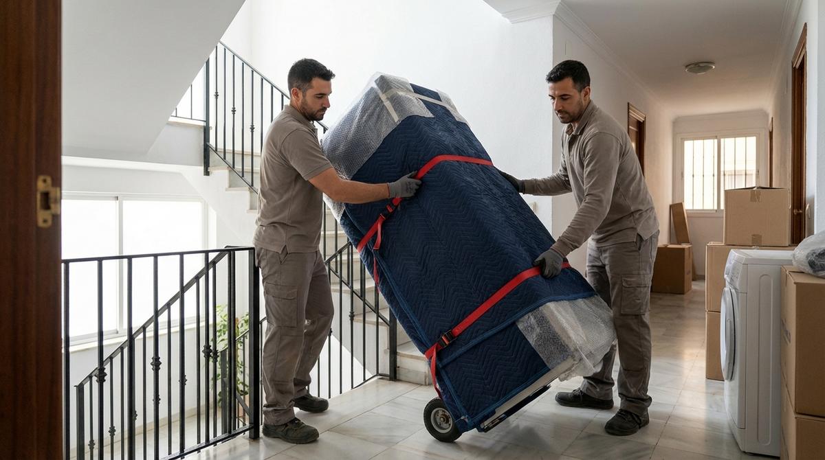 Operarios de mudanzas trasladando un frigorífico protegido con mantas y correas por el pasillo de un edificio residencial.