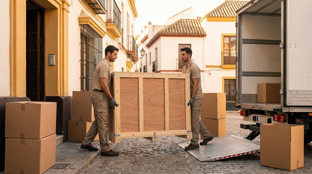Operarios de mudanzas trasladando una gran caja de madera para obra de arte hacia un camión en una calle urbana