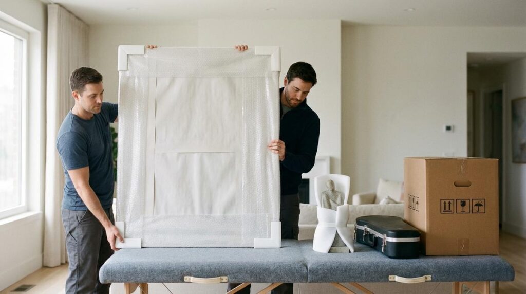 Profesionales De Mudanzas Embalando Cuidadosamente Un Cuadro Grande Y Otros Objetos De Valor En El Salon De Una Vivienda