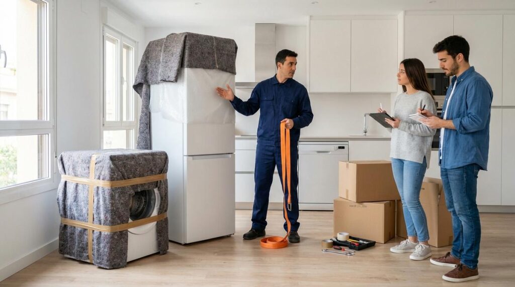 Tecnico De Mudanzas Y Pareja Joven Protegiendo Frigorifico Lavadora Y Lavavajillas Con Mantas Y Plastico De Burbujas En Una Cocina Moderna Antes De Una Mudanza