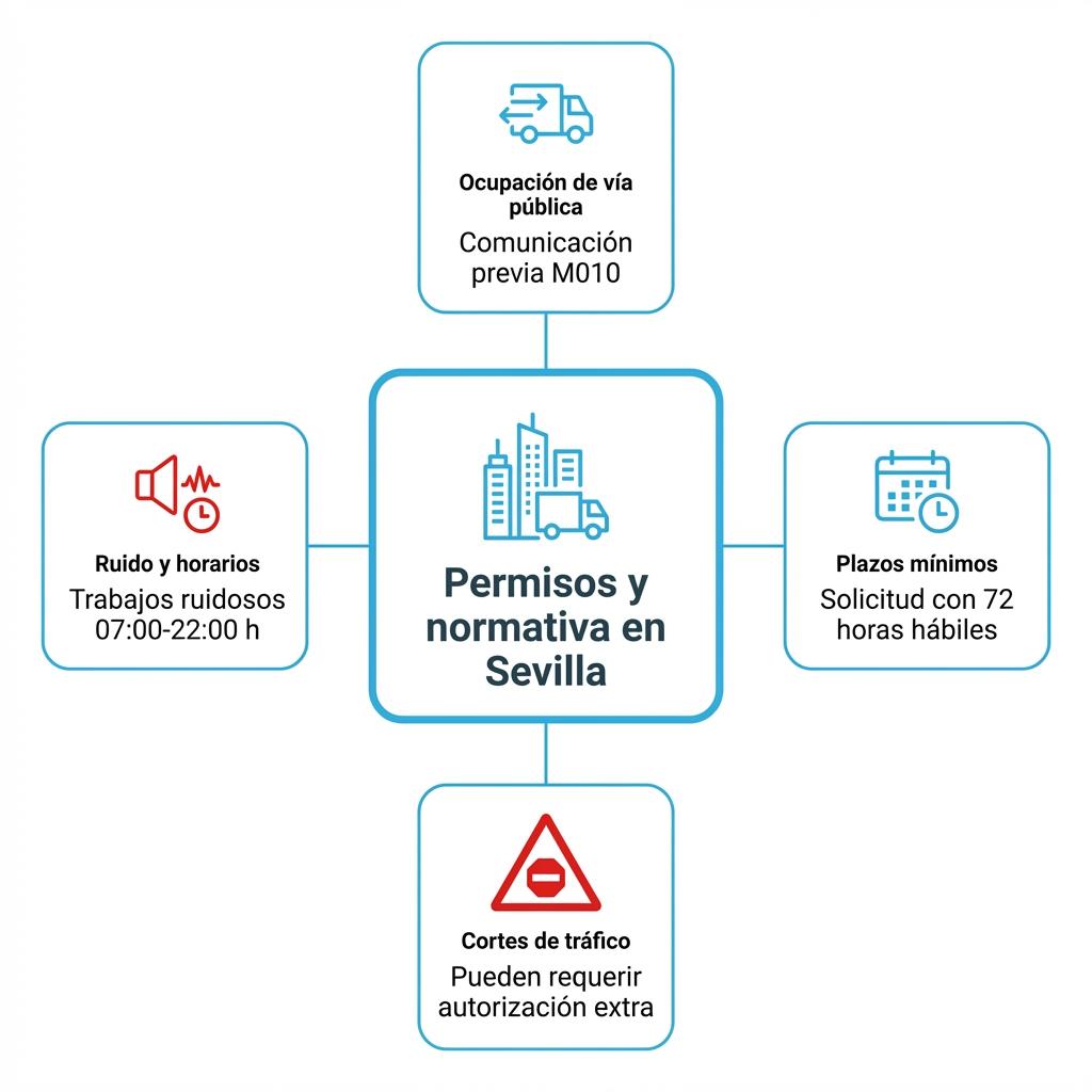 Diagrama con los principales permisos y normas para una mudanza de oficina en Sevilla.