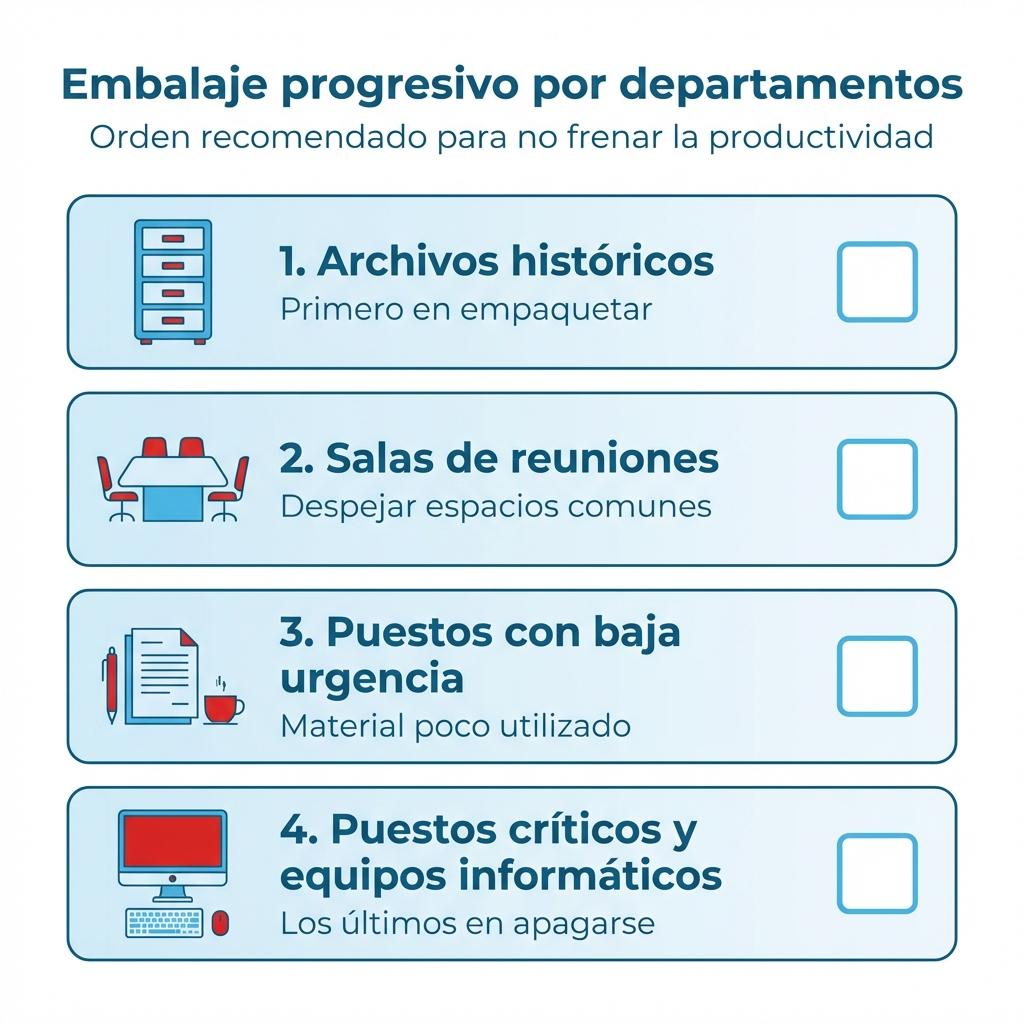 Diagrama tipo checklist con el orden de embalaje por departamentos en una mudanza de oficina.