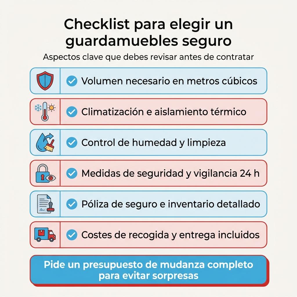Diagrama tipo checklist con puntos clave para elegir un guardamuebles seguro.