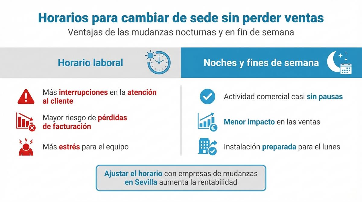 Infografía comparativa entre hacer una mudanza de oficina en horario laboral o en noches y fines de semana.