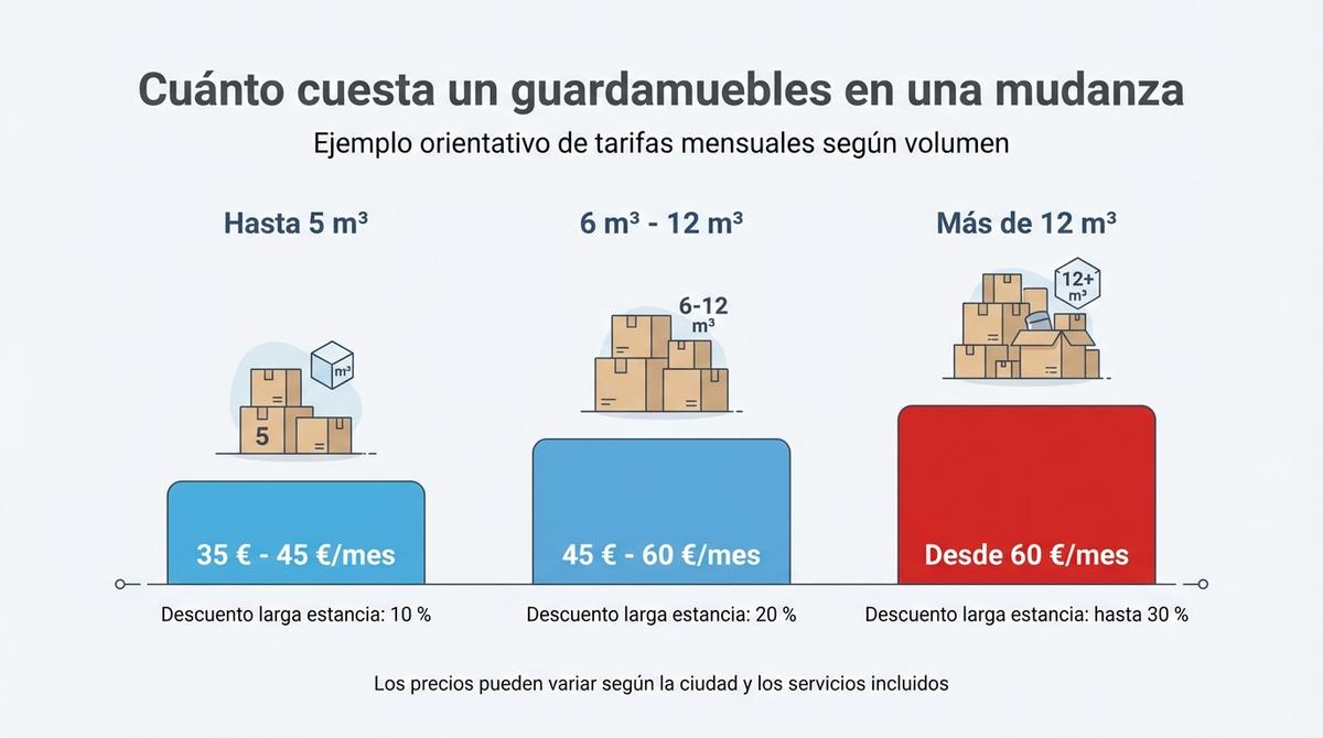 Infografía con gráfico de barras que resume los precios orientativos de un guardamuebles según volumen.