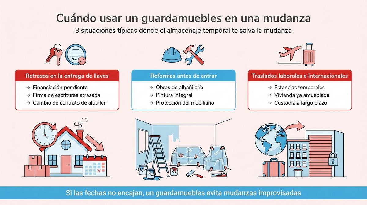 Infografía con tres columnas que muestra cuándo conviene usar un guardamuebles en una mudanza.