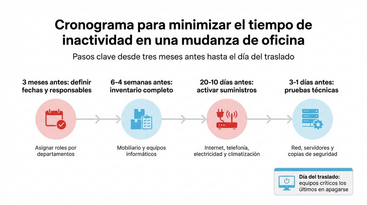 Infografía con una línea de tiempo para organizar una mudanza de oficina y reducir el tiempo de inactividad.