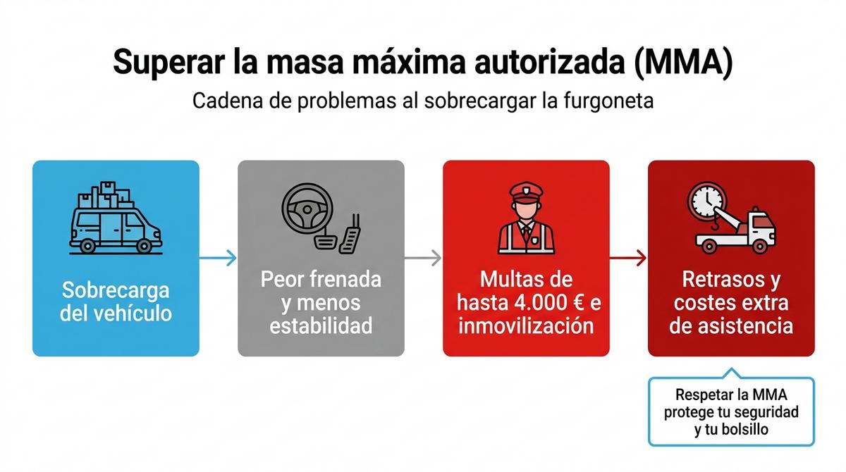 Diagrama de flujo que muestra las consecuencias de sobrecargar una furgoneta en una mudanza