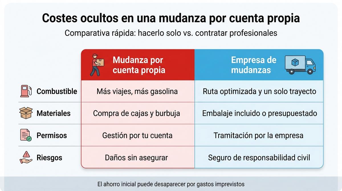 Infografía comparativa de costes ocultos entre una mudanza por cuenta propia y una empresa profesional