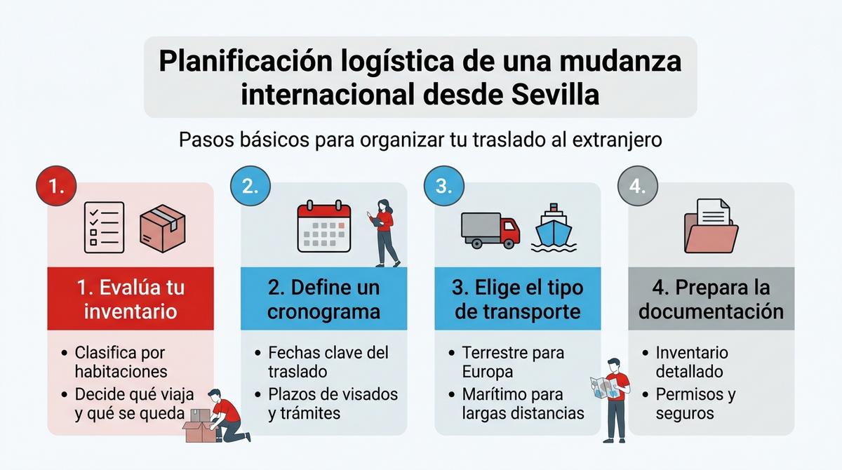 Infografía con los cuatro pasos básicos para planificar una mudanza internacional desde Sevilla.