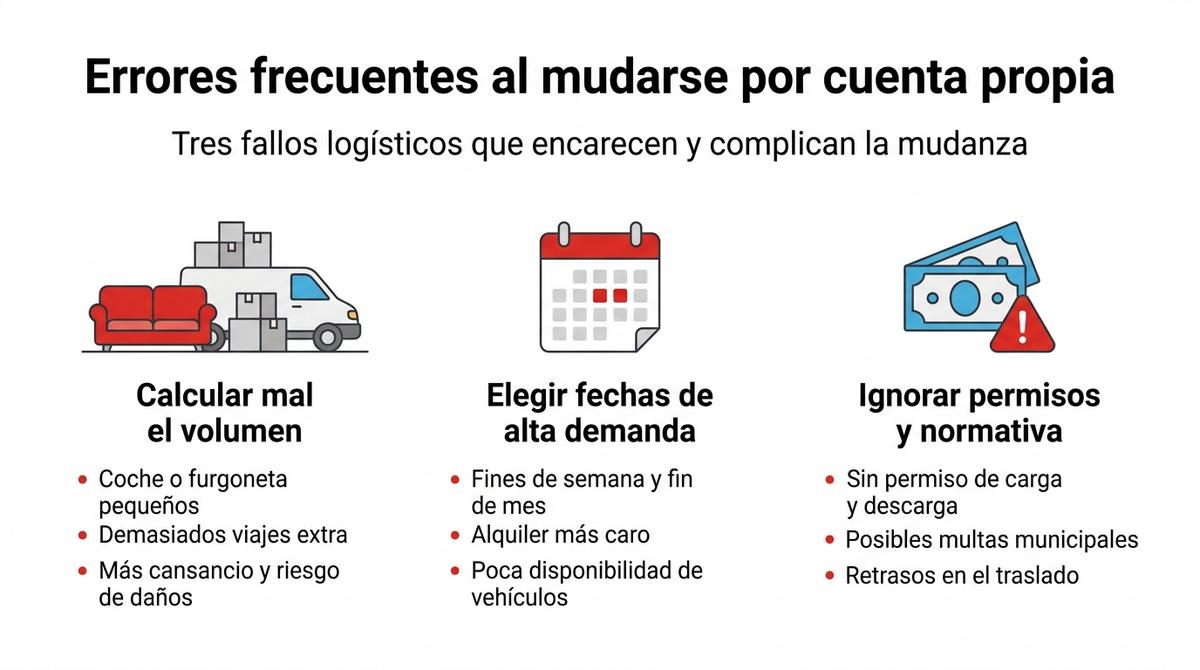 Infografía con tres columnas que resumen errores frecuentes al organizar una mudanza por cuenta propia