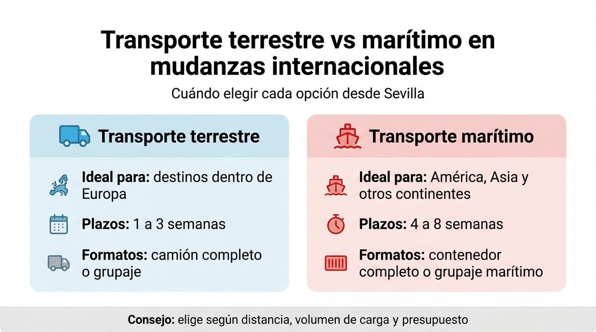 Infografía que compara el transporte terrestre y marítimo en mudanzas internacionales desde Sevilla.