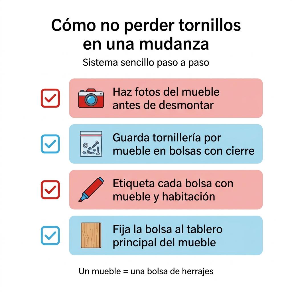 Checklist visual con pasos para organizar y etiquetar la tornillería de los muebles durante una mudanza.