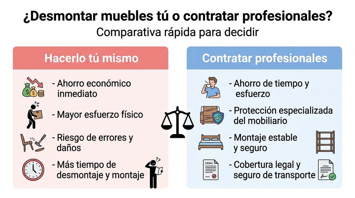 Infografía comparativa entre desmontar los muebles por cuenta propia o contratar una empresa de mudanzas profesional.