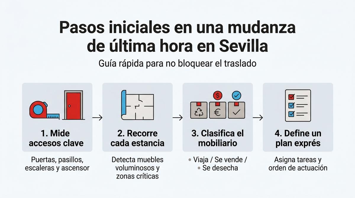 Infografía con cuatro pasos iniciales para organizar una mudanza urgente en Sevilla.