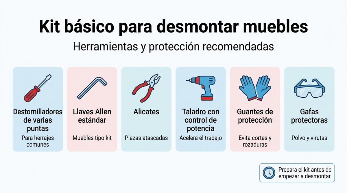 Infografía con las herramientas y elementos de protección recomendados para desmontar muebles en una mudanza.
