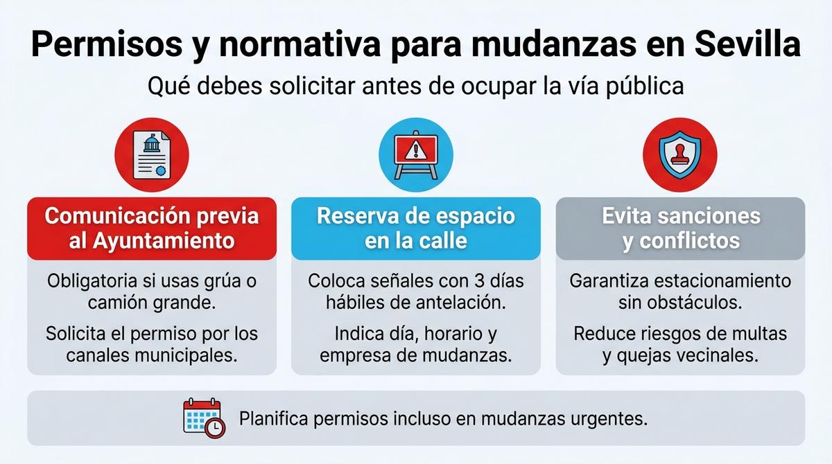 Infografía con los permisos y requisitos de normativa municipal para realizar mudanzas en Sevilla.