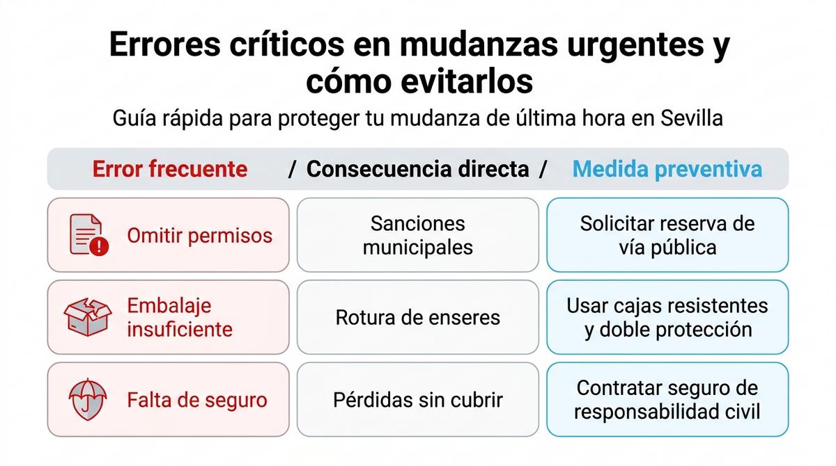 Infografía que muestra una tabla de errores habituales en mudanzas urgentes, sus consecuencias y cómo prevenirlos.