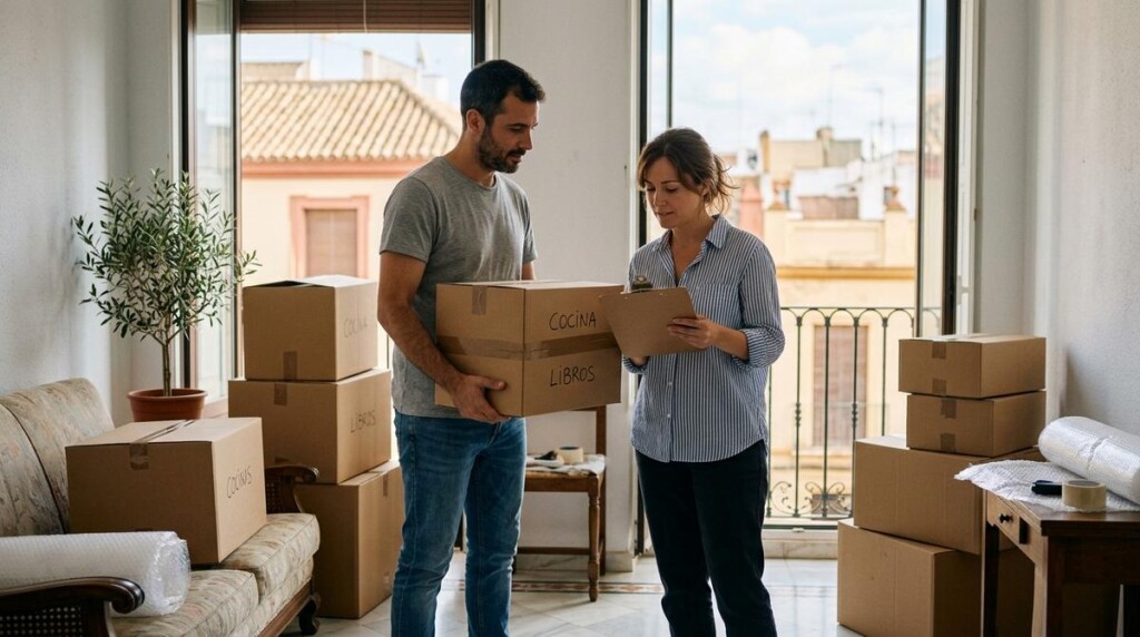 Pareja Joven Organizando Cajas De Una Mudanza En El Salon Luminoso De Un Piso En Sevilla