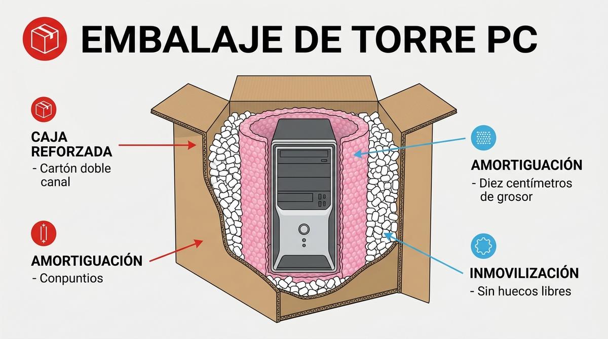 Corte transversal de una caja de mudanza que detalla el embalaje de protección de una torre de ordenador con plástico antiestático rosa y relleno de espuma