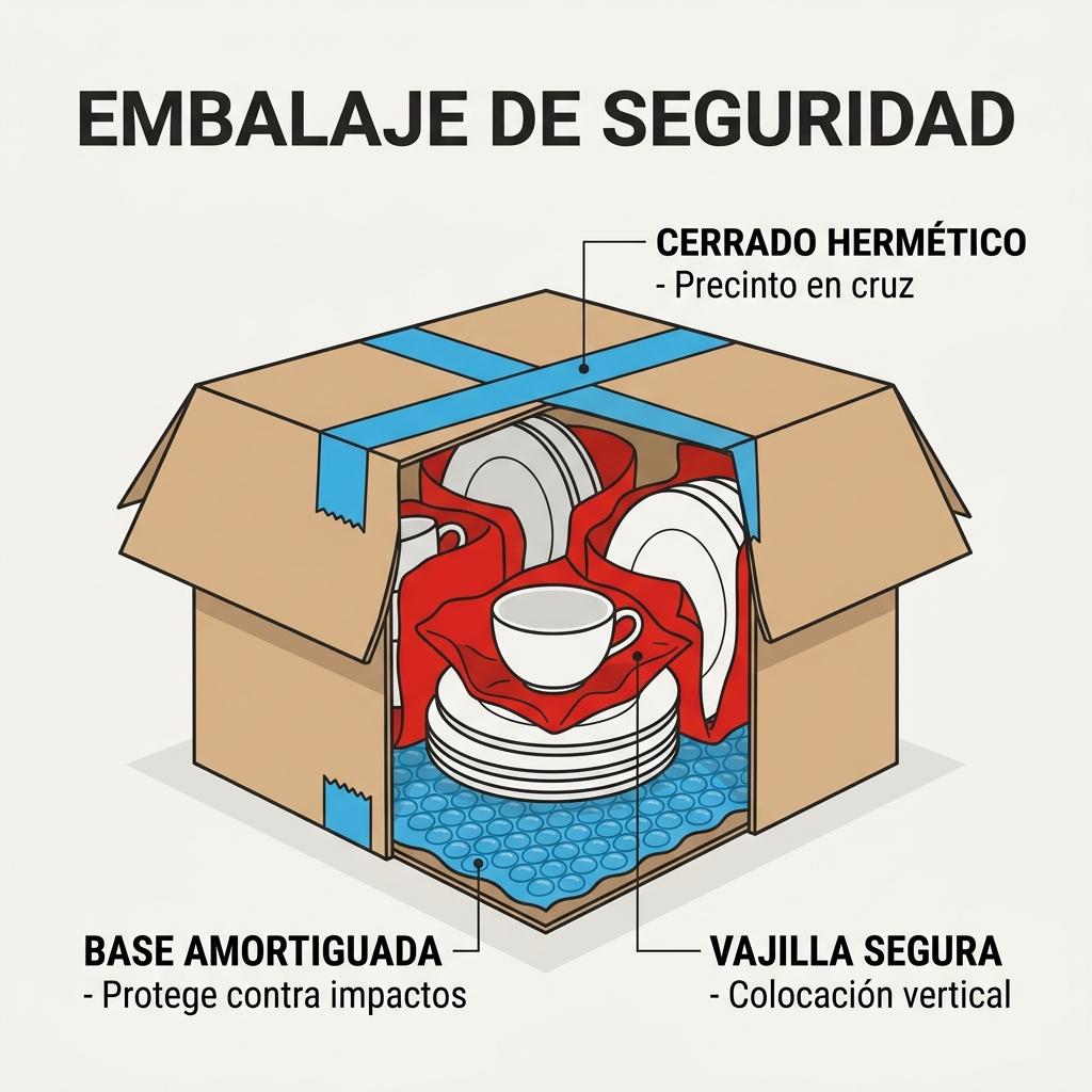 Ilustración en corte transversal que muestra el método correcto para embalar una caja de mudanza con objetos delicados y su protección interna
