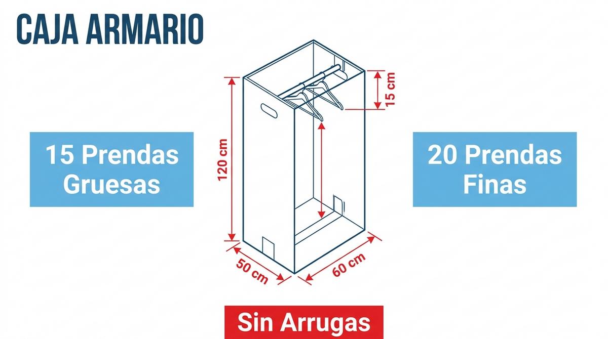 Diagrama visual sobre la capacidad y estructura de una caja armario de cartón para ropa delicada