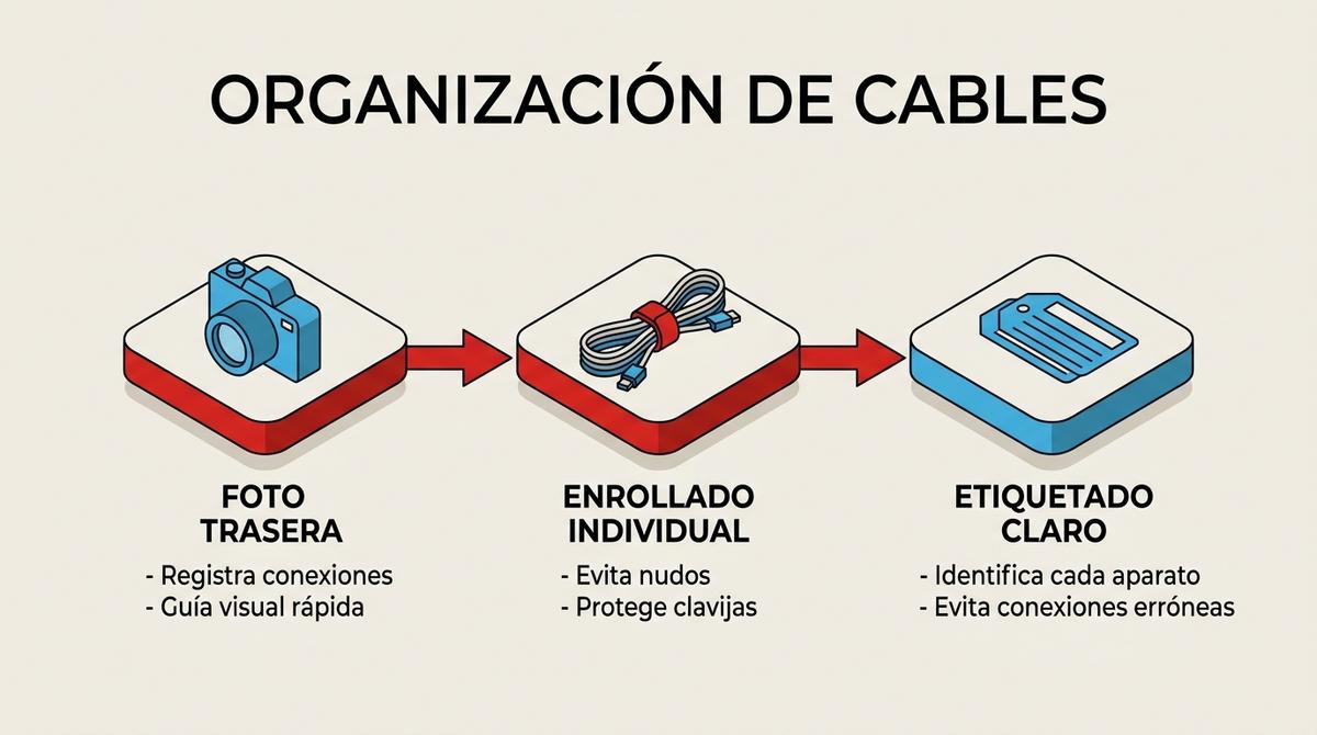 Diagrama de proceso en tres pasos para la organización de cables y conexiones de aparatos electrónicos antes de una mudanza