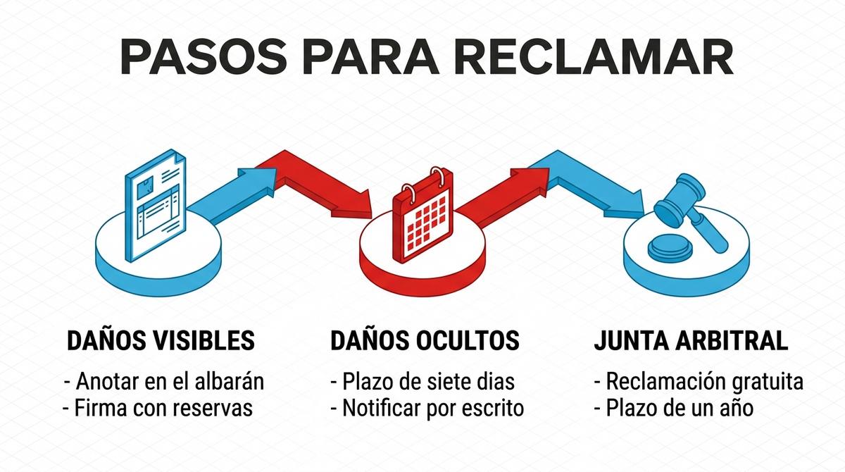 Diagrama de flujo isométrico que explica los pasos y plazos legales para reclamar daños o roturas tras una mudanza comercial
