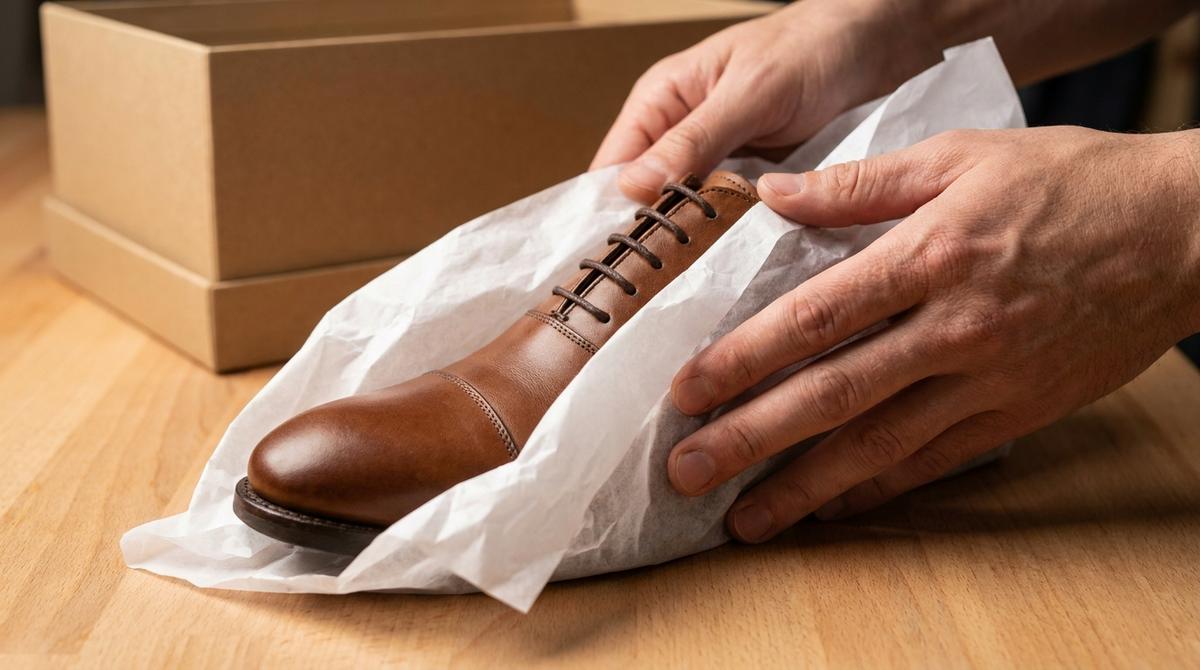 Manos envolviendo cuidadosamente un zapato de piel en papel de seda blanco inmaculado