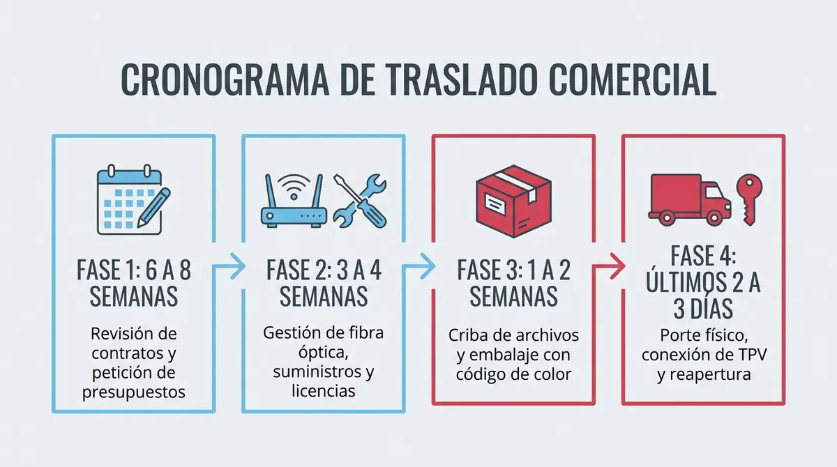 Cronograma y plazos recomendados para organizar el traslado de un negocio en 4 fases