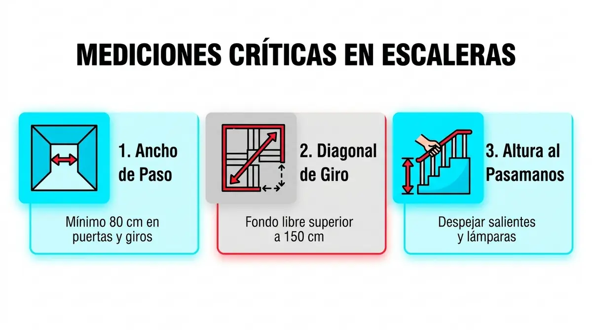 Diagrama técnico con las tres mediciones esenciales en escaleras y descansillos para mudanzas sin ascensor