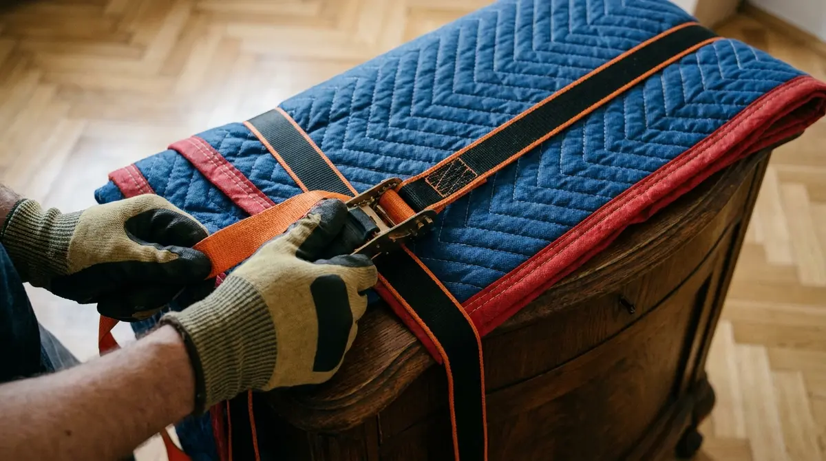 Plano detalle de correas de elevación ergonómicas y mantas acolchadas protegiendo un mueble pesado