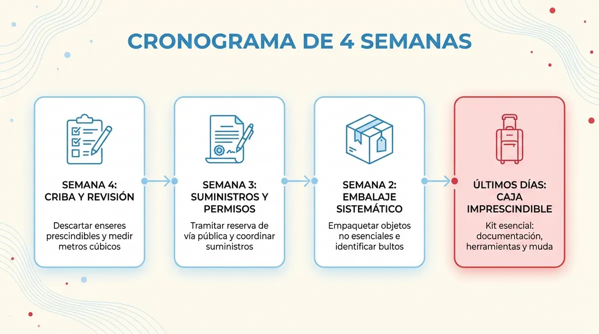 Infografía del cronograma de 4 semanas para planificar mudanzas nacionales desde Sevilla paso a paso