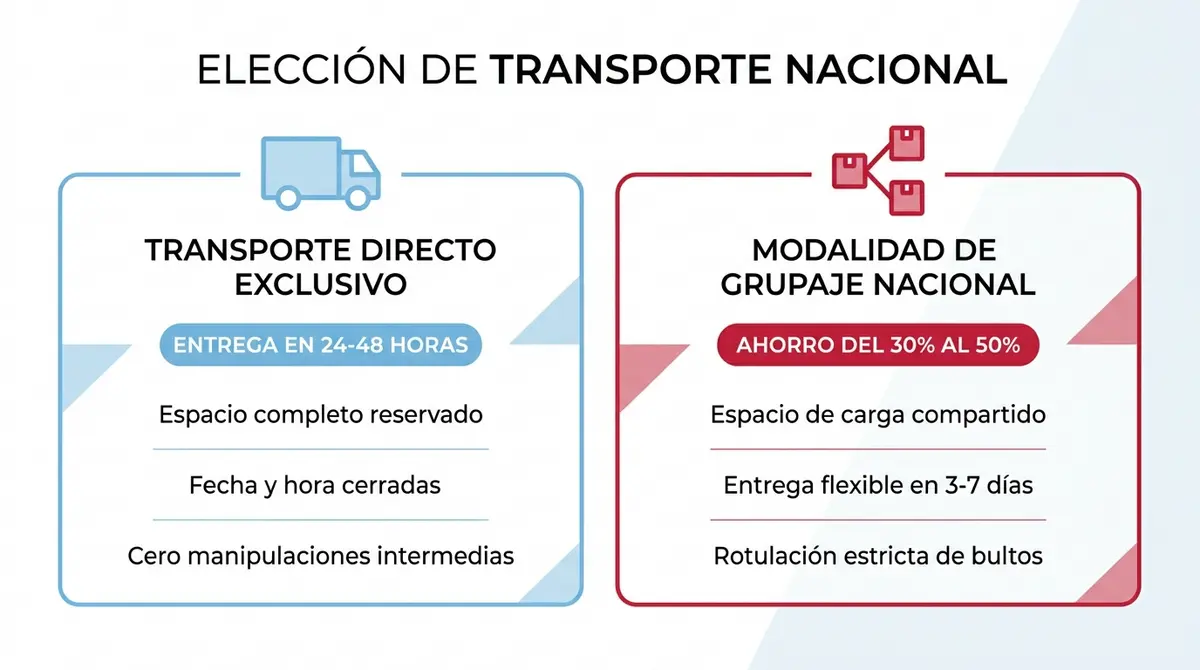 Infografía comparativa entre servicio exclusivo directo y grupaje compartido para mudanzas nacionales desde Sevilla