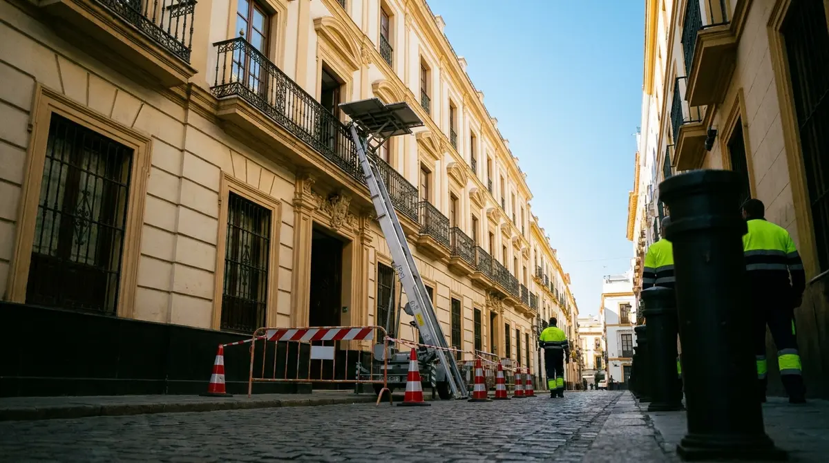 Plataforma montamuebles exterior instalada en la fachada de un edificio señorial en Sevilla con perímetro acotado